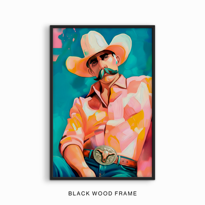 Modern colorful cowboy portrait wall art displayed in a black frame with bold western-inspired abstract styling