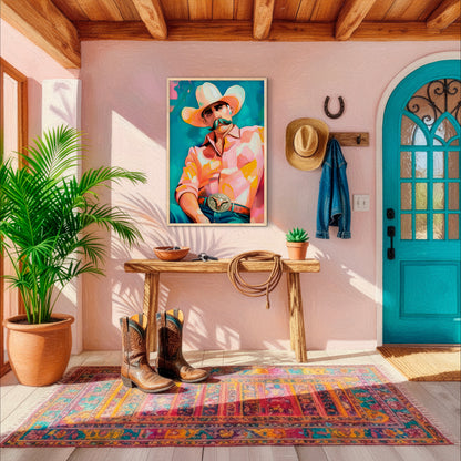 Modern western cowboy portrait artwork displayed in a colorful ranch-inspired entryway with turquoise door and rustic decor