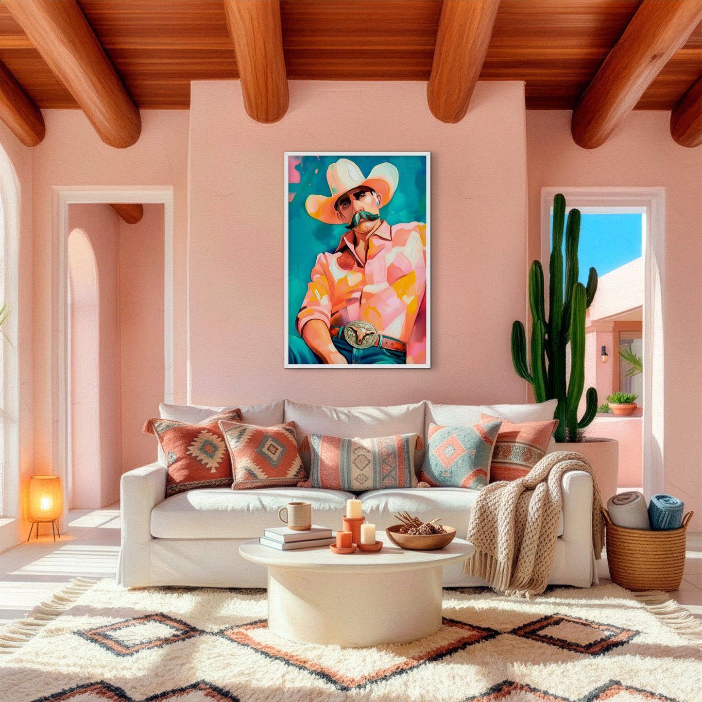Colorful cowboy wall art styled in a bright southwestern living room with pink walls, cactus decor, and boho western accents