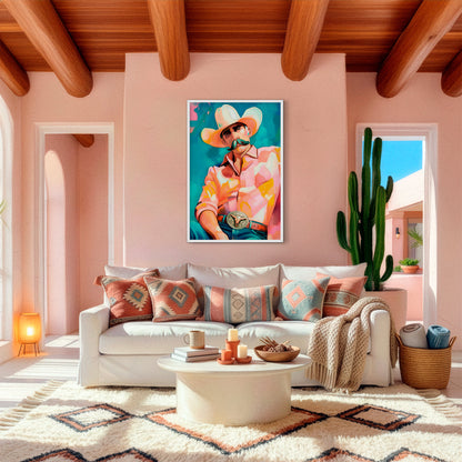 Colorful cowboy wall art styled in a bright southwestern living room with pink walls, cactus decor, and boho western accents