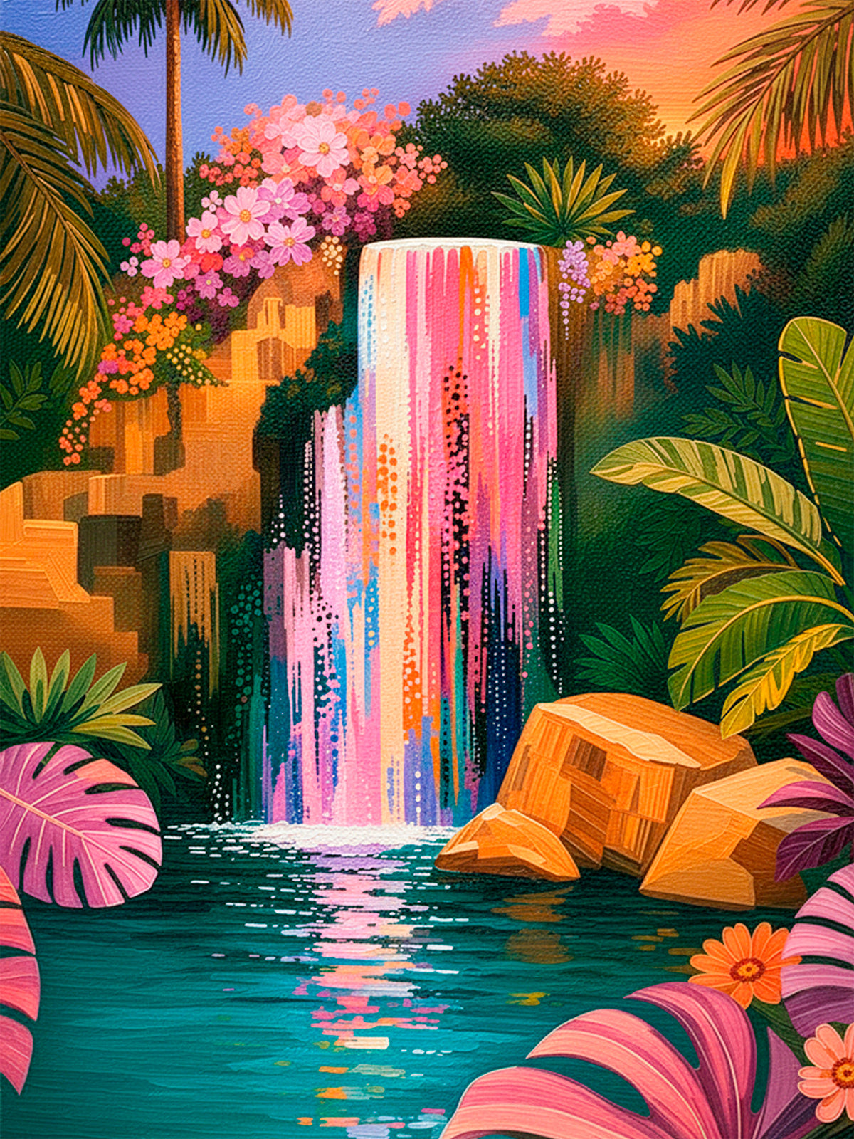 Everlasting colorful tropical waterfall wall art with pink flowers, lush jungle foliage, palm trees and turquoise water