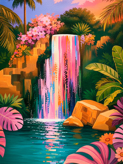 Everlasting colorful tropical waterfall wall art with pink flowers, lush jungle foliage, palm trees and turquoise water