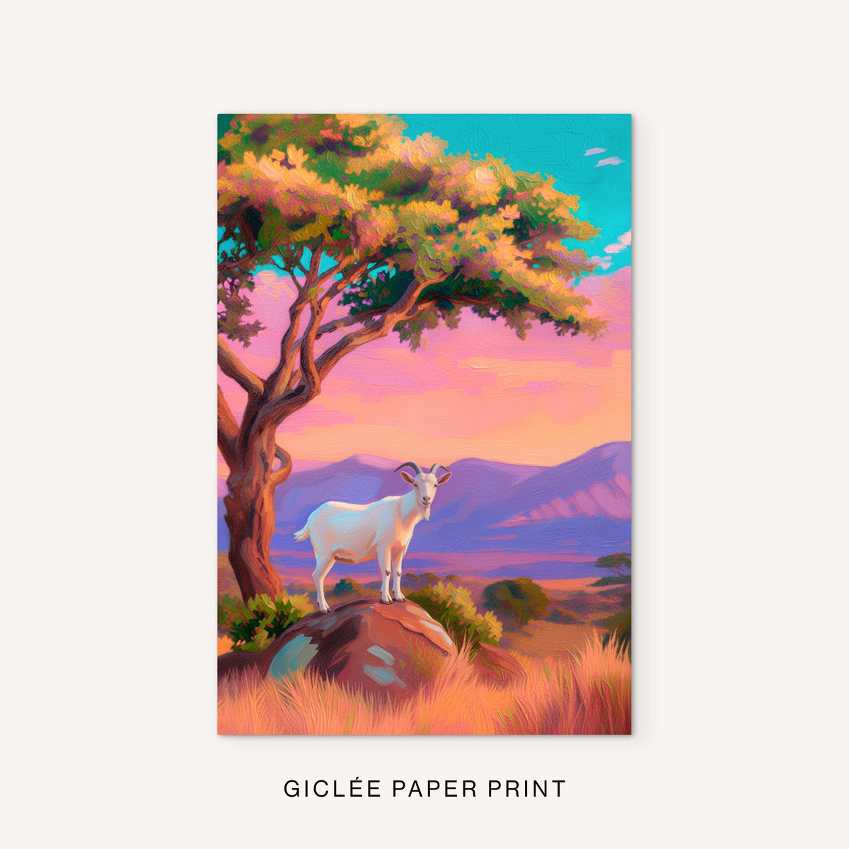 yes of Innocence colorful western goat giclée print with pink sunset, turquoise accents and purple mountain landscape