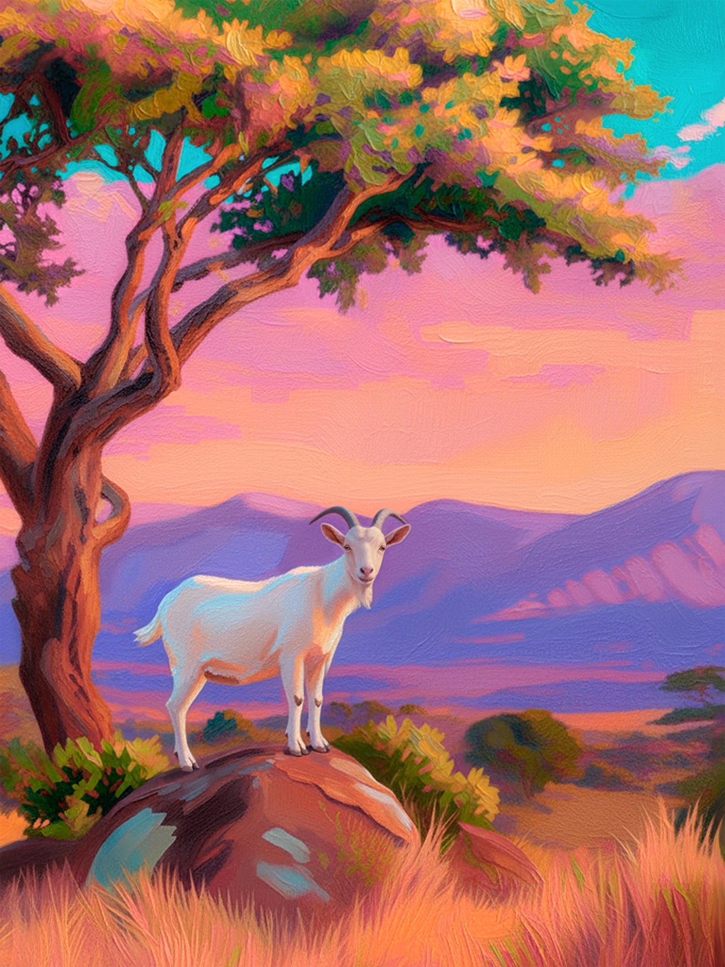 Eyes of Innocence colorful western goat wall art with a white goat beneath a tree, pink sunset sky, turquoise accents and purple mountains