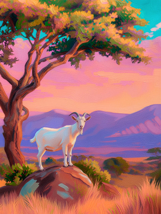 Eyes of Innocence colorful western goat wall art with a white goat beneath a tree, pink sunset sky, turquoise accents and purple mountains