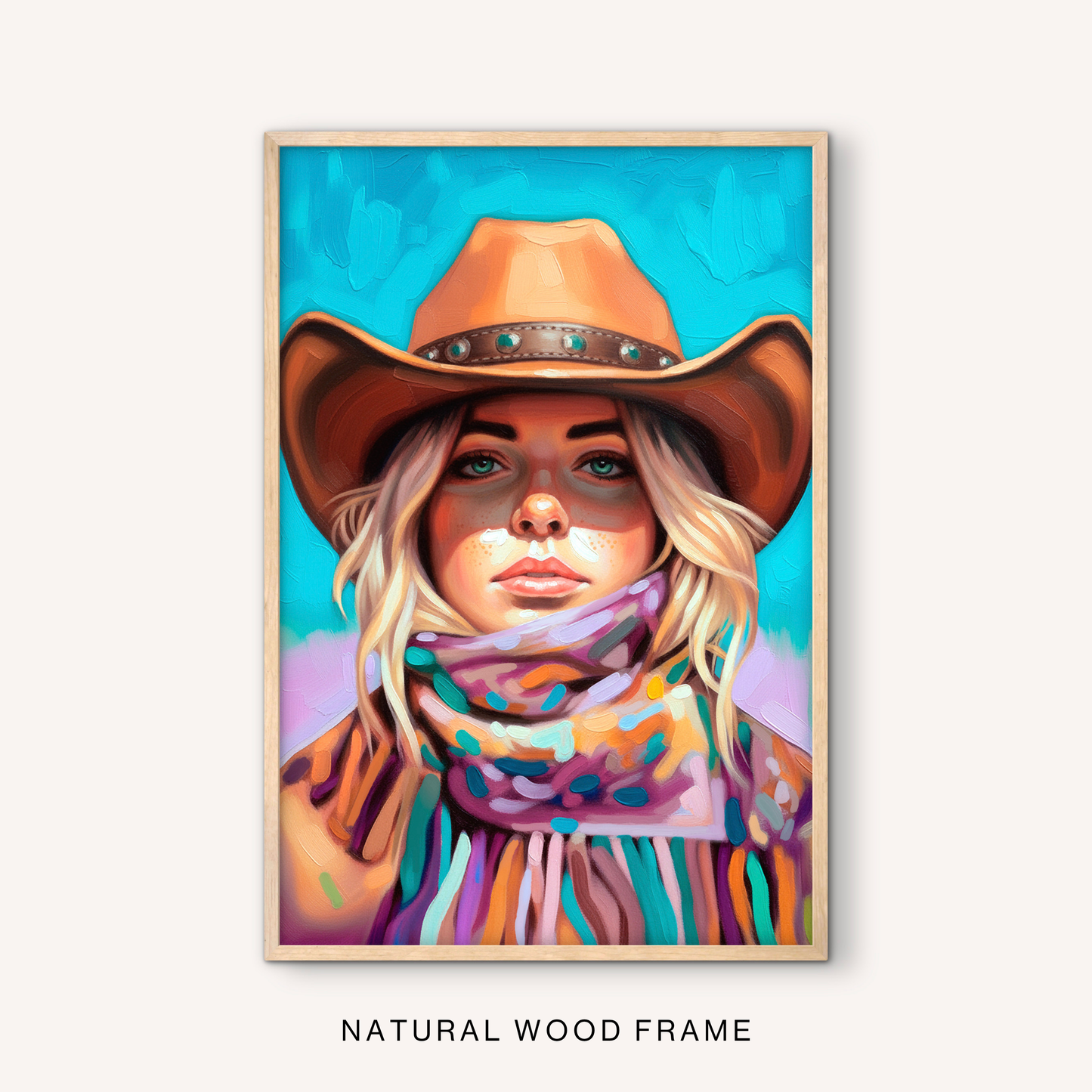 Feminine ranch wall art in a natural wood frame with a colorful cowgirl portrait, western hat, patterned scarf, and turquoise boho western background.