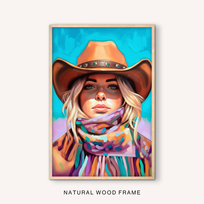 Feminine ranch wall art in a natural wood frame with a colorful cowgirl portrait, western hat, patterned scarf, and turquoise boho western background.