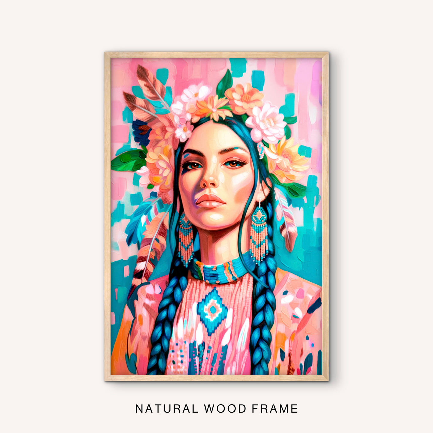 Feminine western wall art in a natural wood frame with a colorful cowgirl portrait, floral crown, turquoise accents, and boho southwest decor style.