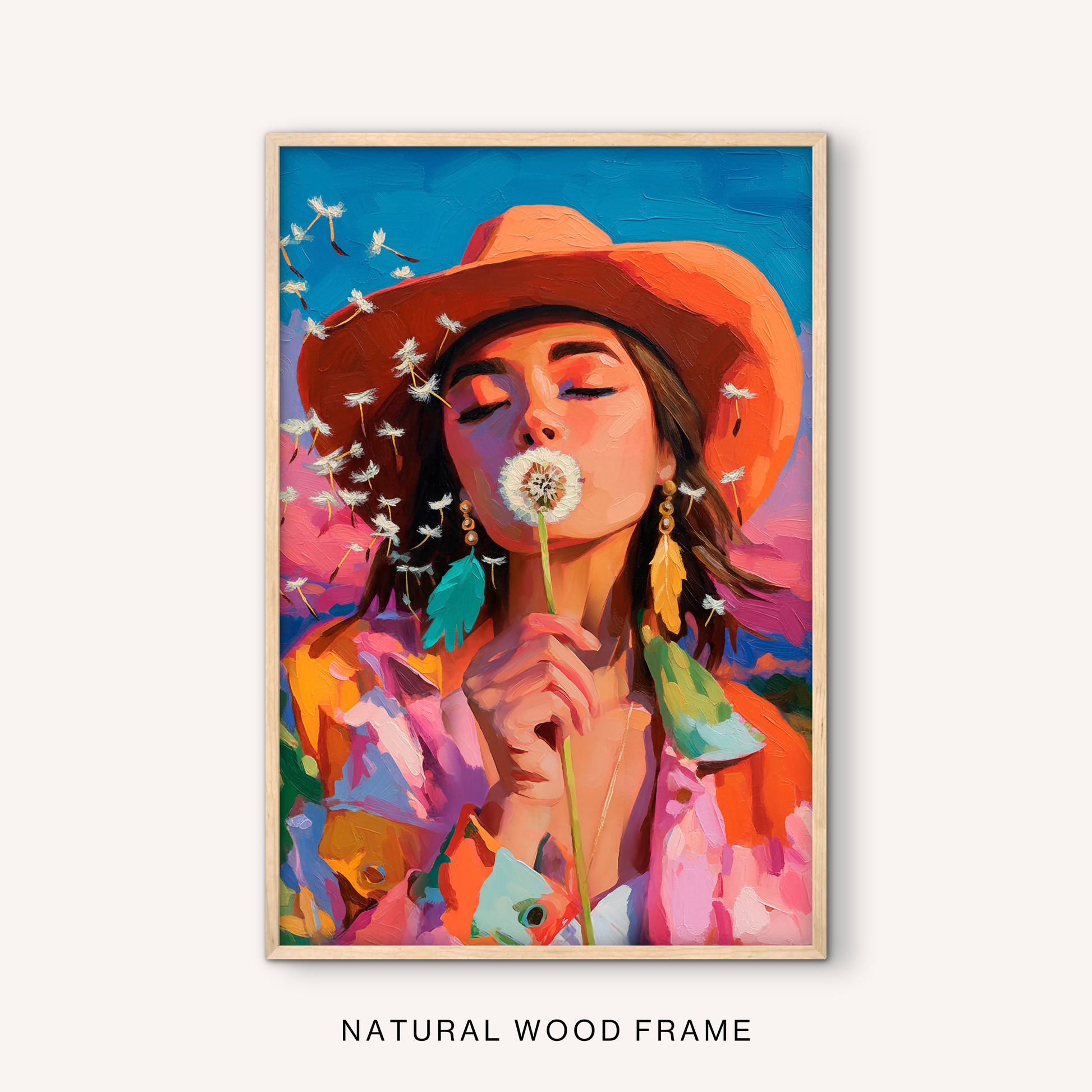 Feminine western wall art in a natural wood frame with a cowgirl blowing a dandelion, orange cowboy hat, feather earrings, and colorful ranch decor.