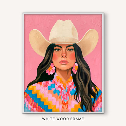 Feminine western wall art featuring a colorful cowgirl portrait in a white frame, displayed against a plain white background.