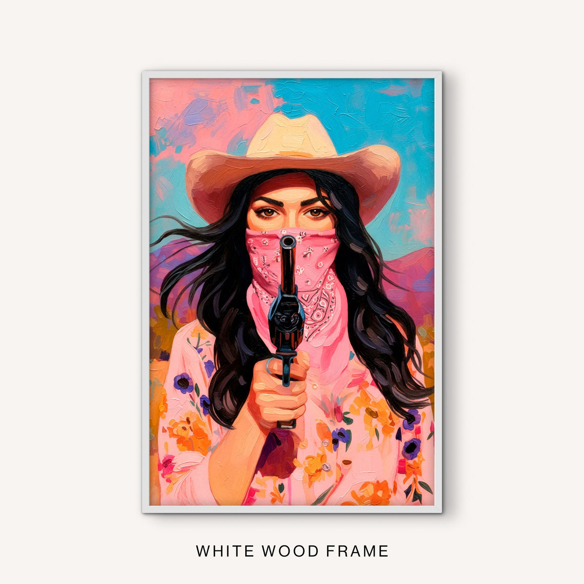 Colorful bandita wall art in a white frame with a western cowgirl portrait, pink bandana, floral shirt, cowboy hat, and turquoise sky.