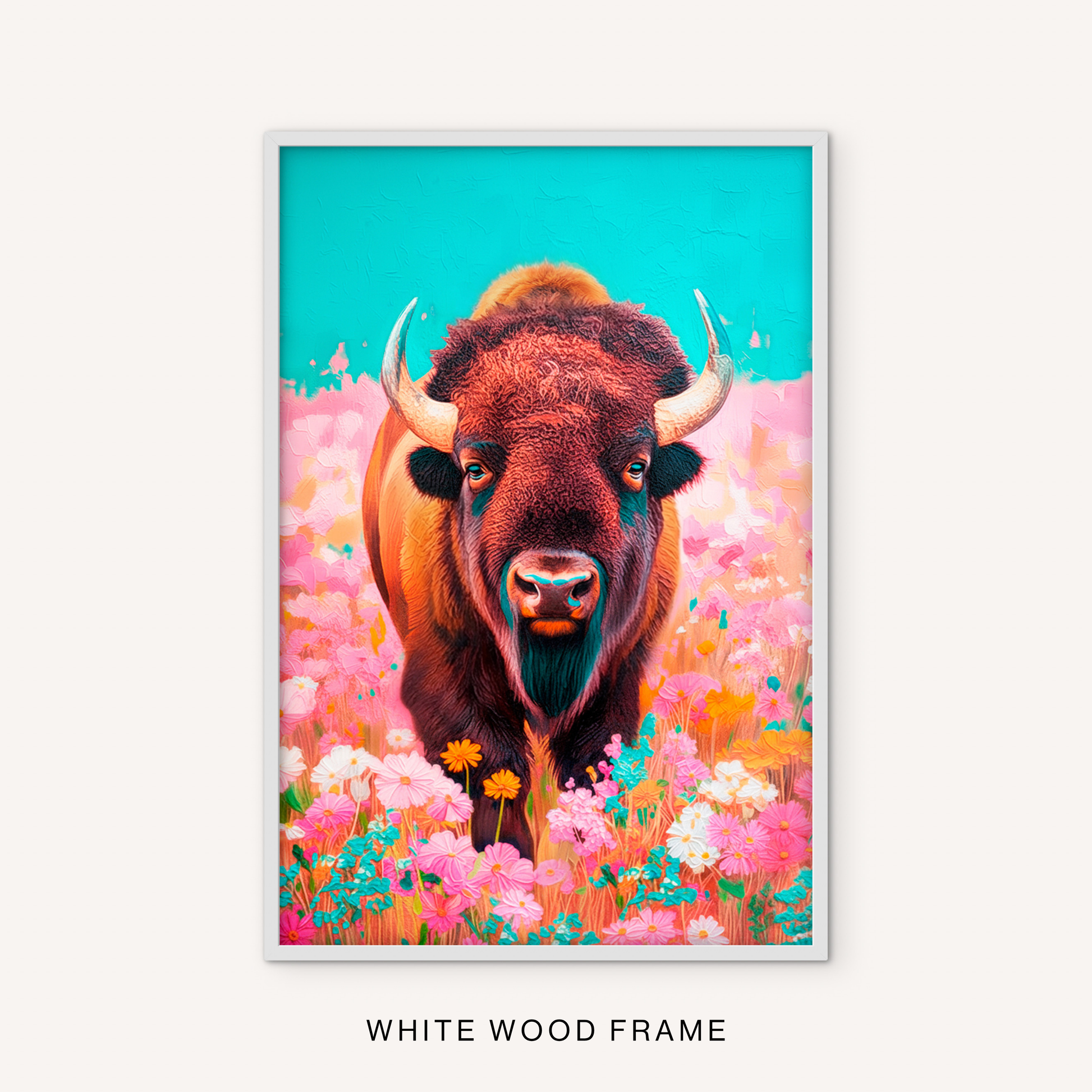 Bright western buffalo wall art in a white frame with colorful wildflowers, turquoise background, and bold bison portrait.