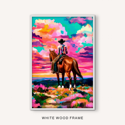 Western cowboy rider wall art in a white frame with a horse, bright pink sky, colorful mountain view, and wildflower foreground.