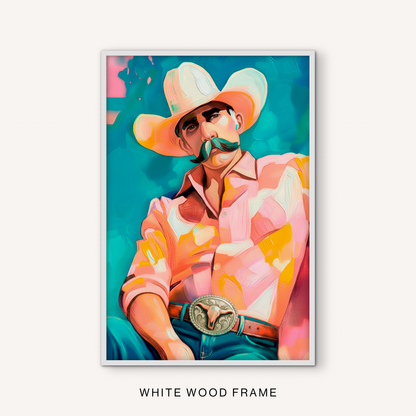 Bright western cowboy portrait in a white frame with colorful pink, coral, yellow, and turquoise details for western wall decor.