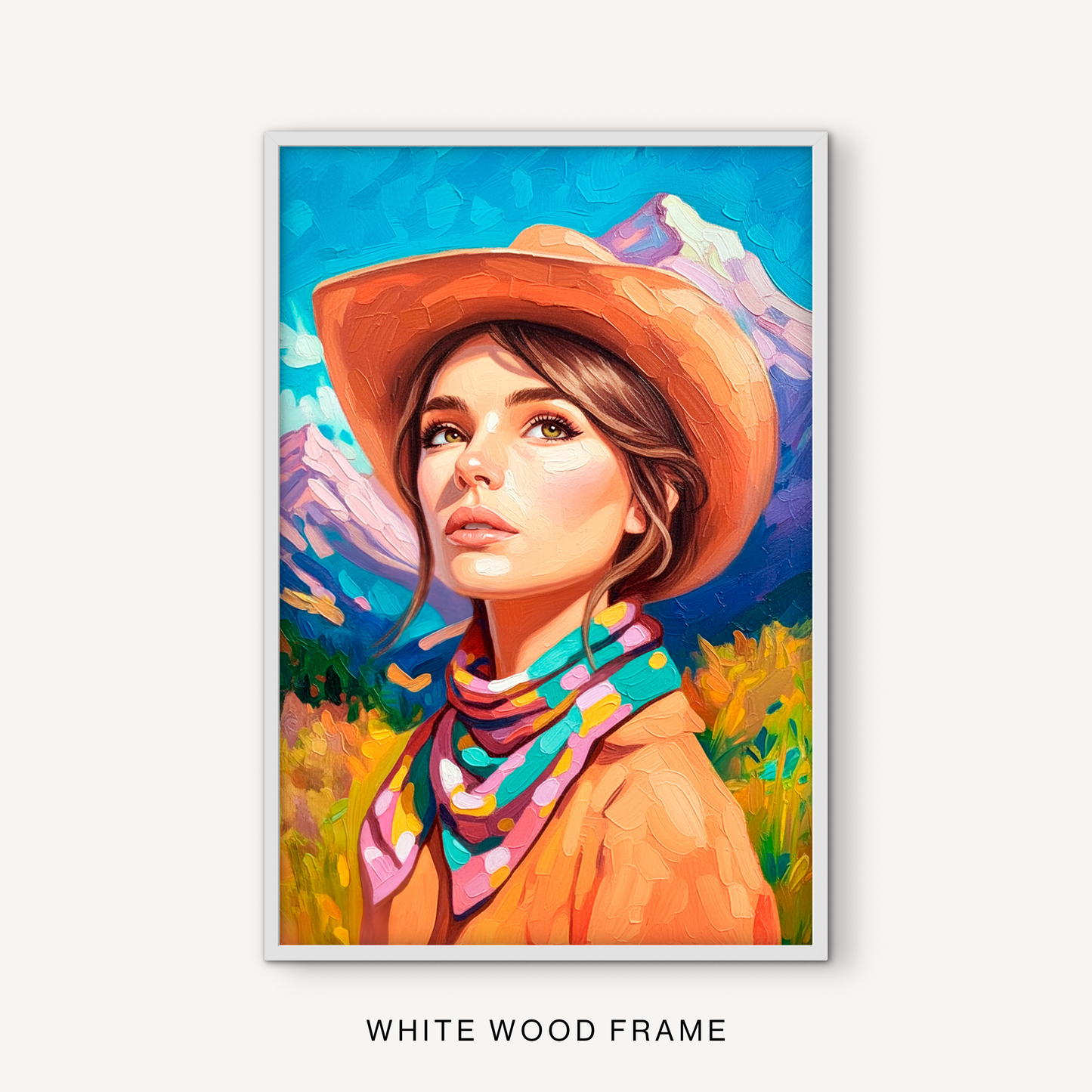 Bright cowgirl portrait in a white frame with colorful western style, mountain landscape, cowboy hat, and bold ranch house decor colors.
