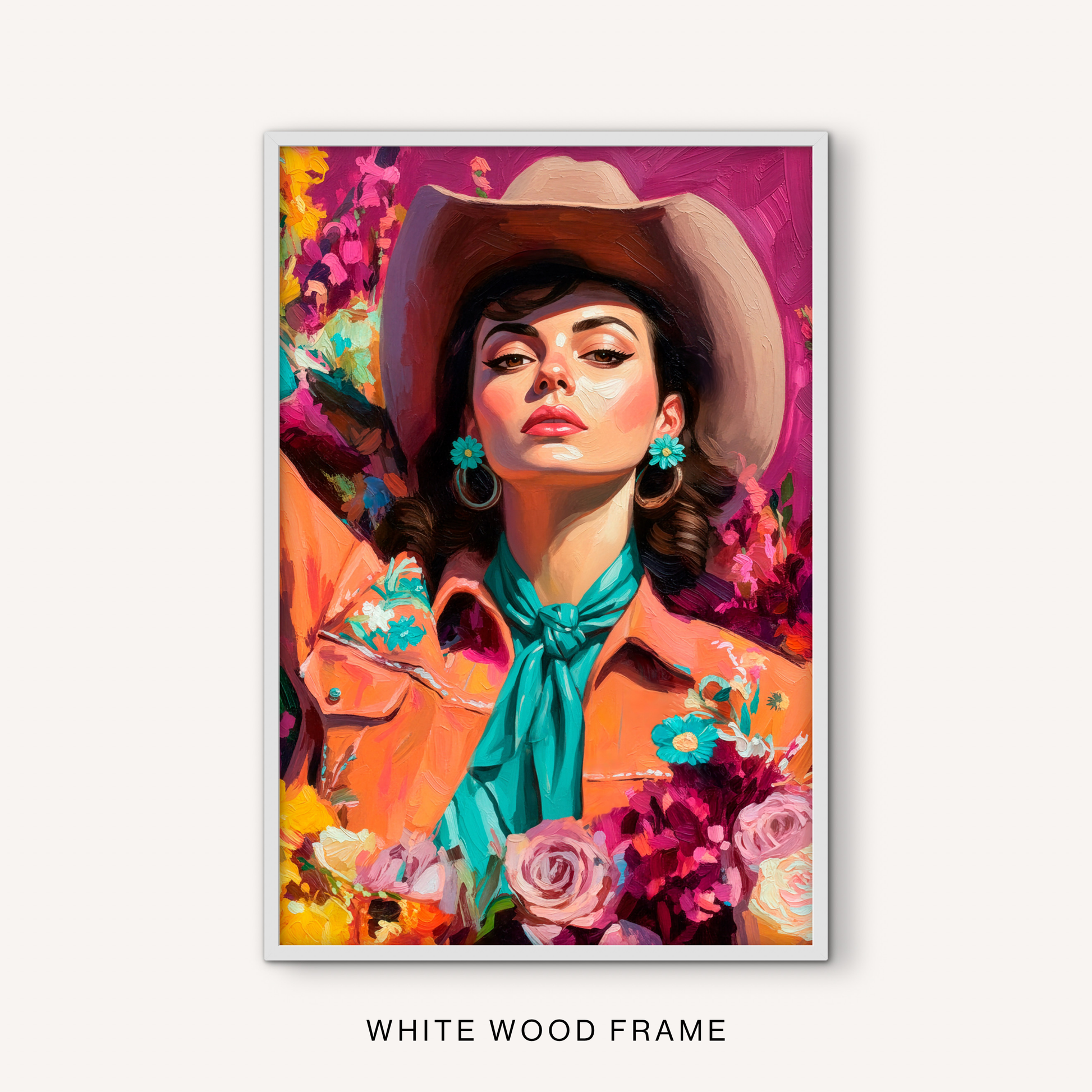 Bright floral cowgirl wall art in a white frame with a cowboy hat, turquoise scarf, colorful flowers, and modern western portrait style.