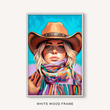 Bright western cowgirl wall art in a white frame with a colorful portrait, brown cowboy hat, turquoise background, and patterned scarf.