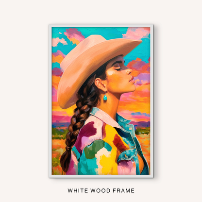 Bright western cowgirl wall art in a white frame with a profile portrait, white hat, colorful jacket, turquoise earring, and pink sunset sky.