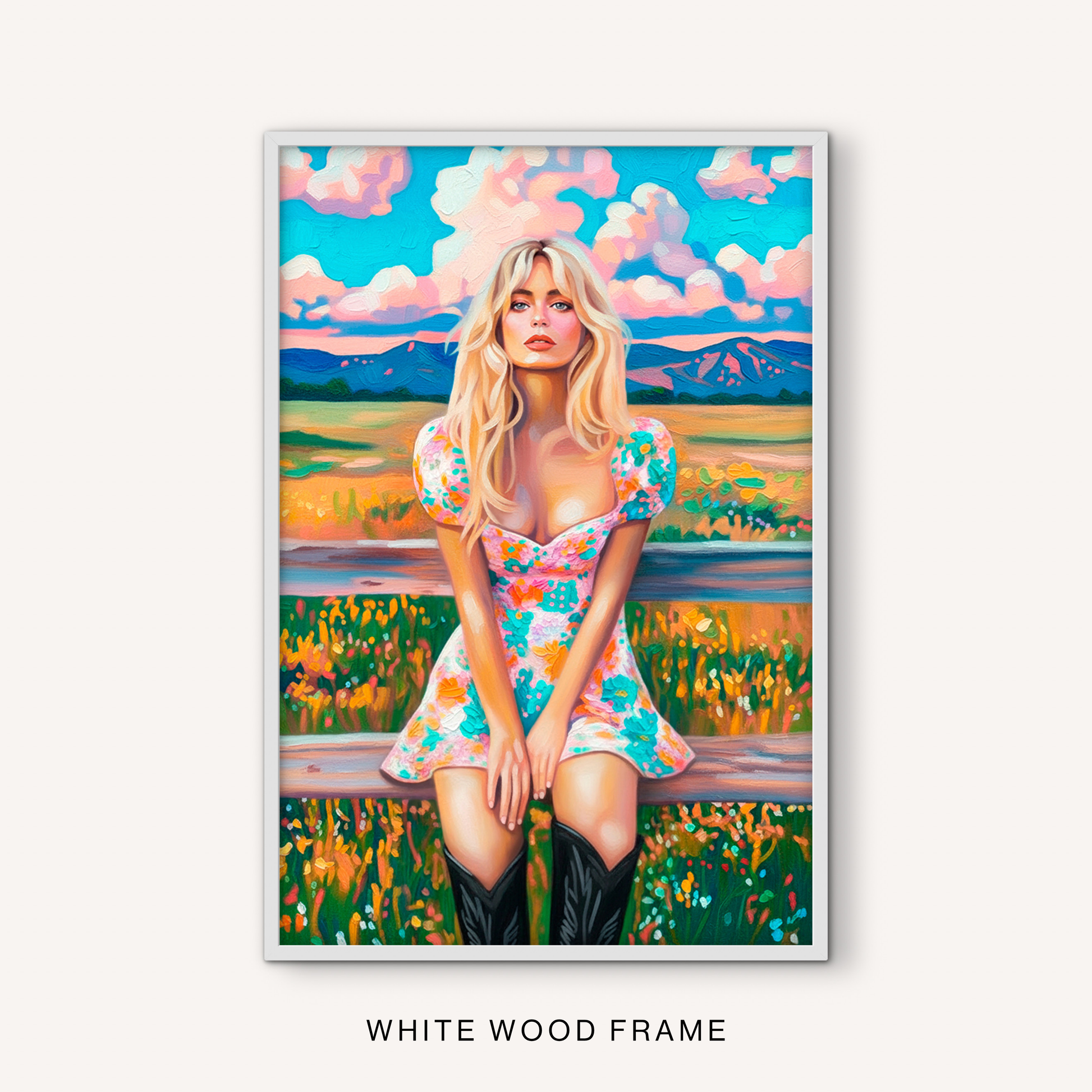 Colorful cowgirl wall art in a white frame with a wildflower meadow, western boots, mountain landscape, and bright blue sky.