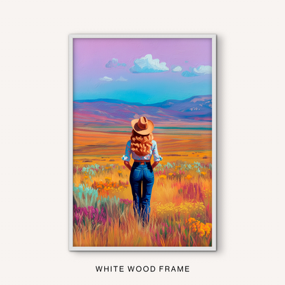 Western cowgirl wall art in a white frame with a colorful meadow, open prairie, mountain view, and soft blue and lavender sky.