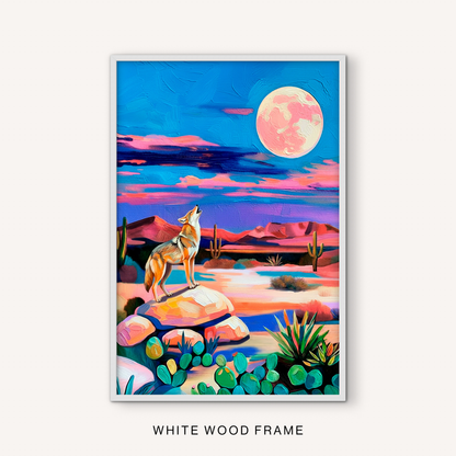 Southwest coyote wall art in a white frame with a full moon, colorful desert mountains, cactus details, and bright night sky.