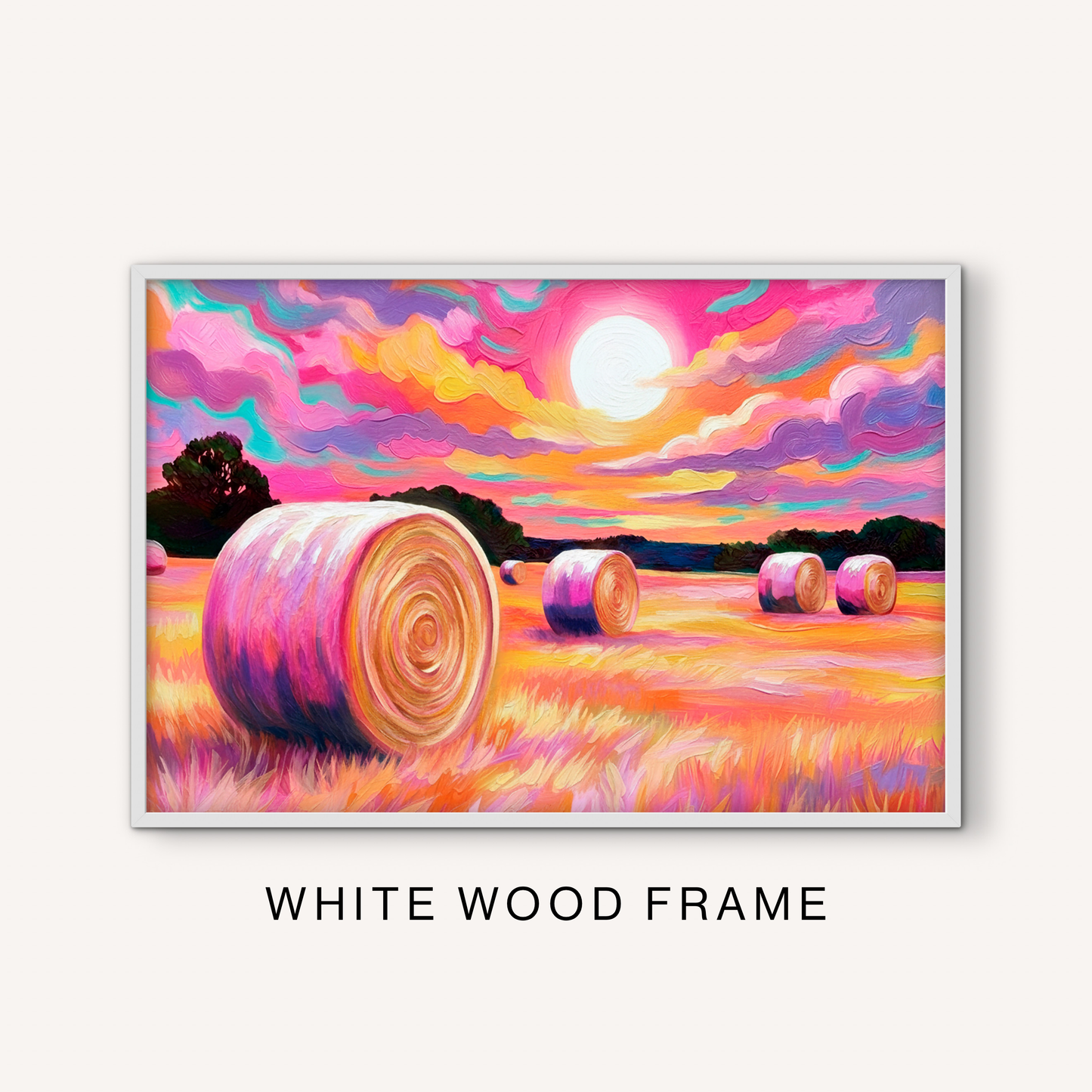 Colorful hay bale wall art in a white frame with a bright prairie field, round hay bales, glowing sun, and vibrant ranch landscape.