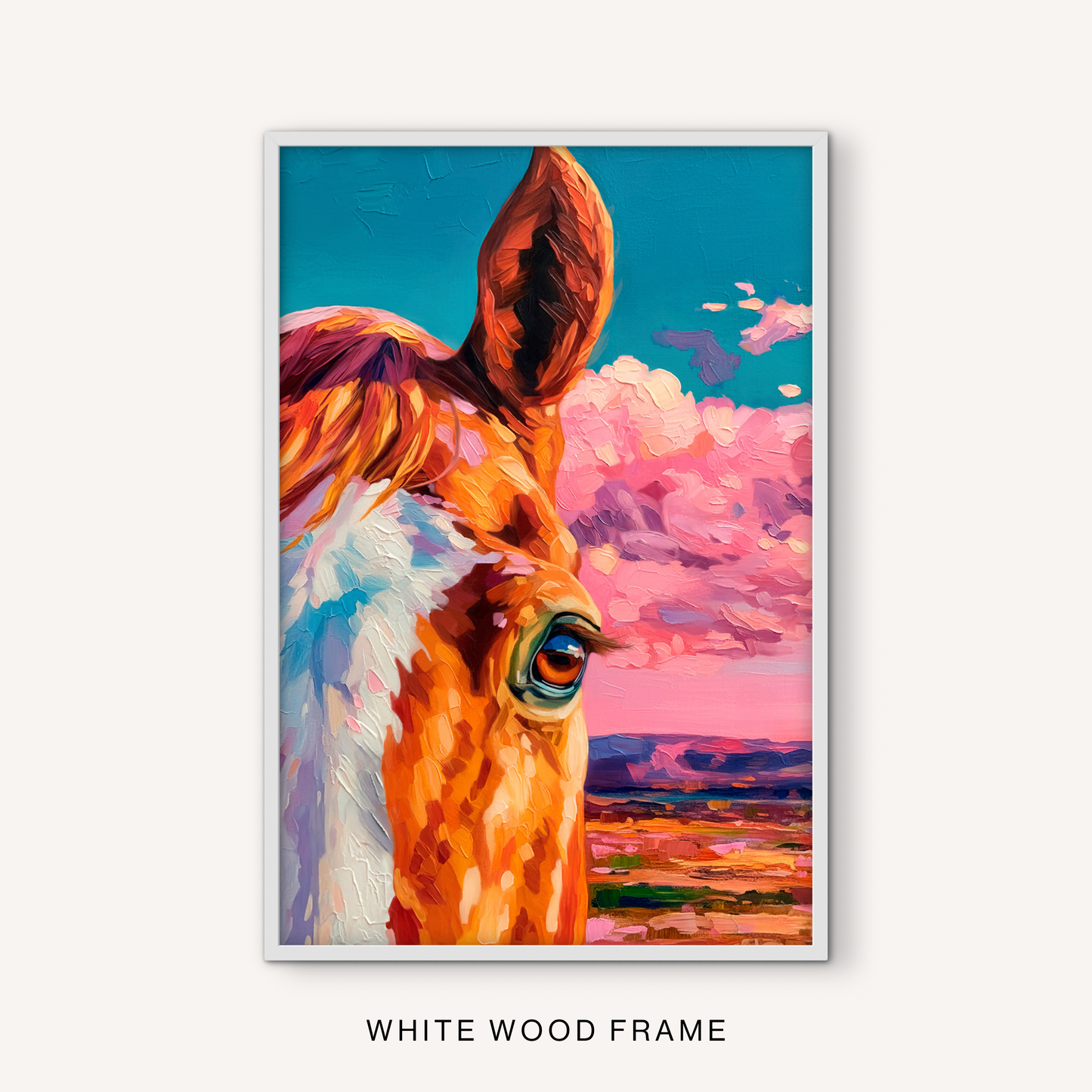 Bright western horse wall art in a white frame with colorful paint texture, pink sky, desert landscape, and ranch-inspired animal artwork.