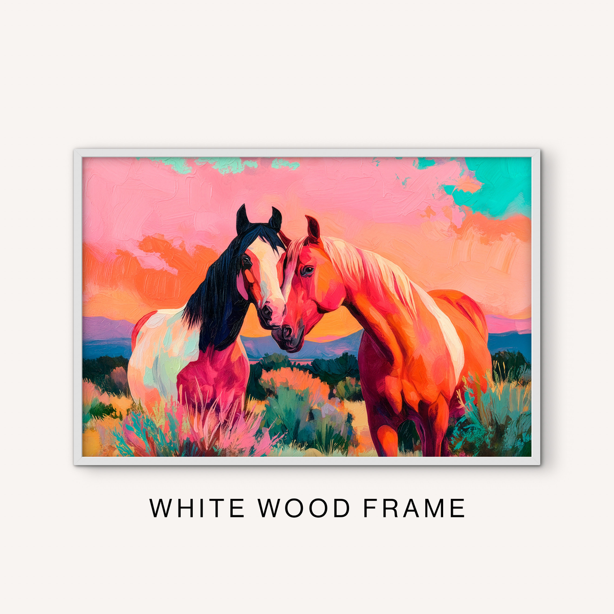 Colorful western horse wall art in a white frame with two horses, pink sky, southwest landscape, and soft ranch-inspired scenery.