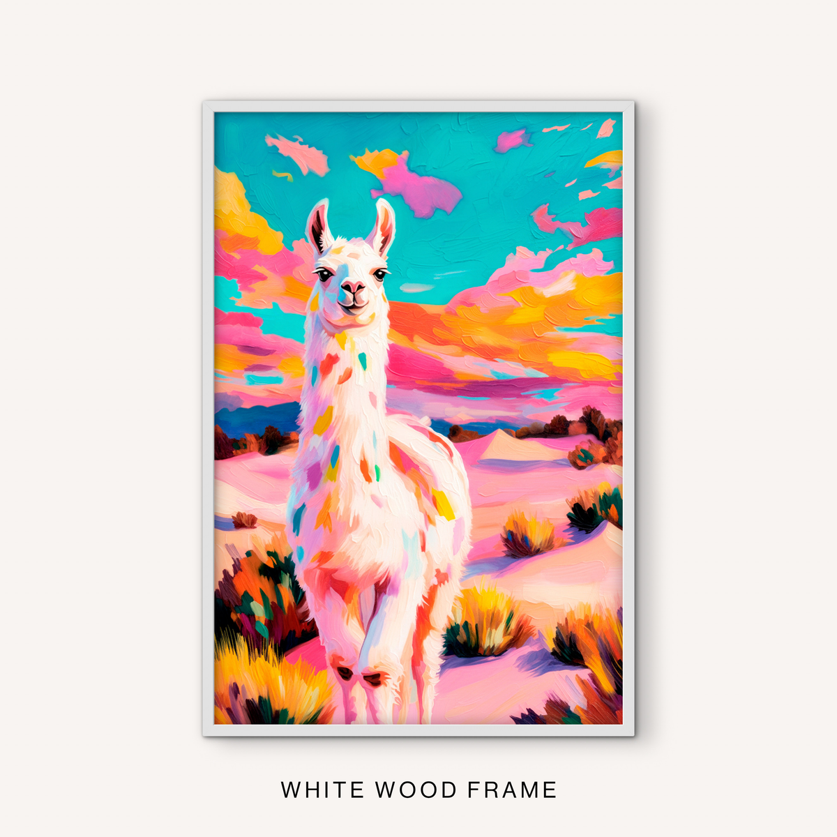 Bright southwest llama wall art in a white frame with colorful desert plants, pink landscape, turquoise sky, and playful animal artwork.