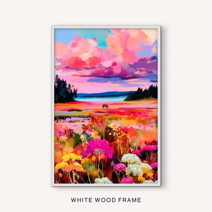Colorful western meadow wall art in a white frame with lake reflections, pink clouds, wildflowers, pine trees, and a small horse in the distance.