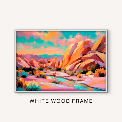 Colorful southwestern landscape in a white frame with canyon mountains, desert plants, turquoise water, and a bright painted sky.