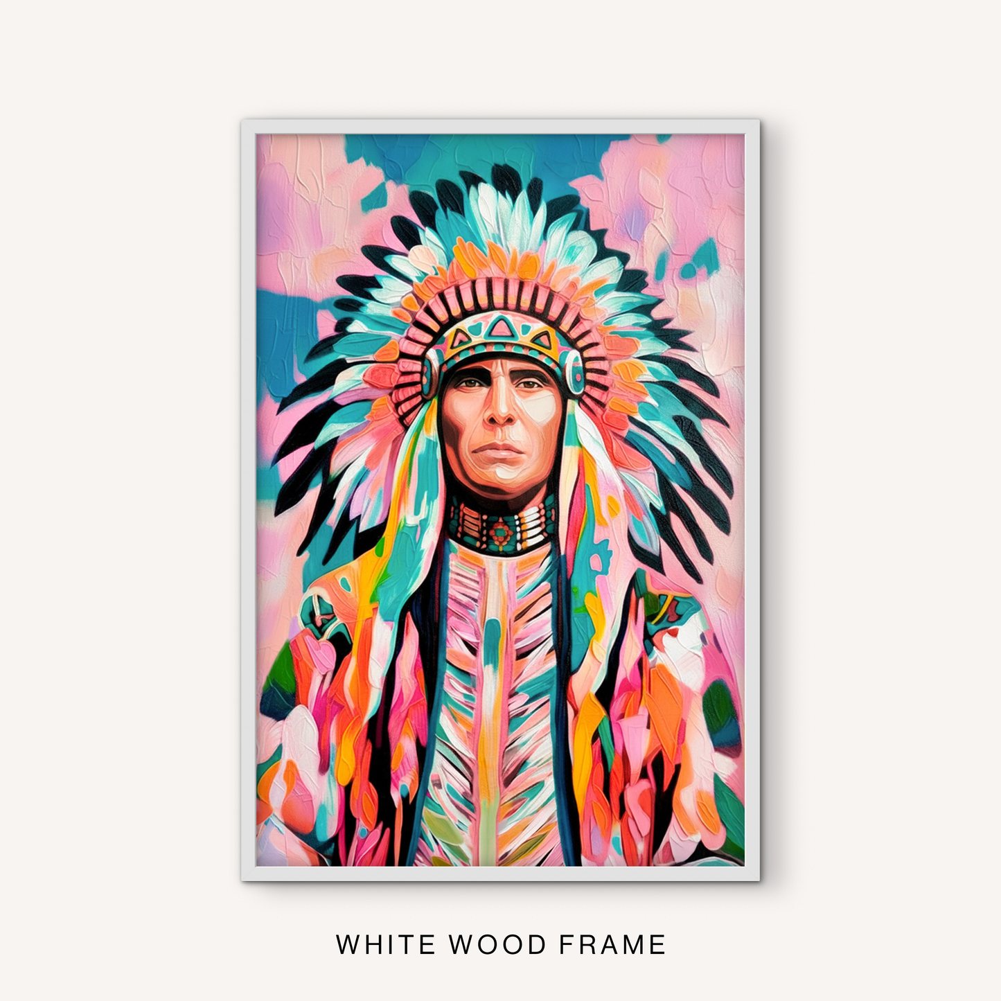 Colorful southwestern portrait in a white frame with bright feather details, pink and turquoise tones, and bold western wall decor style.