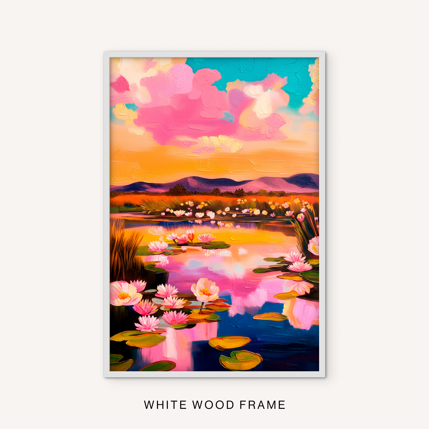 Pink water lily wall art in a white frame with a colorful pond landscape, glowing sunset sky, mountain view, and floral details.
