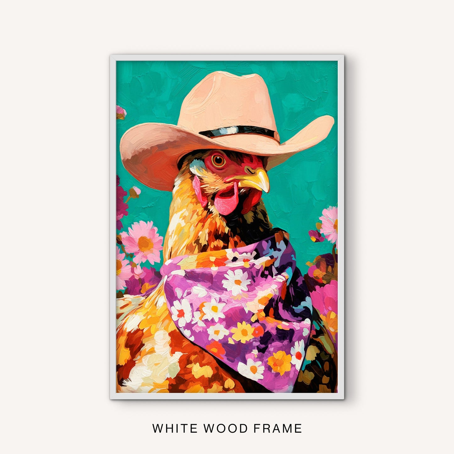 Western chicken wall art in a white frame with a colorful hen, cowboy hat, purple floral bandana, pink flowers, and turquoise backdrop.