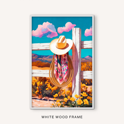 Western hat wall art in a white frame with a ranch fence, yellow wildflowers, pink clouds, and bright turquoise desert sky.