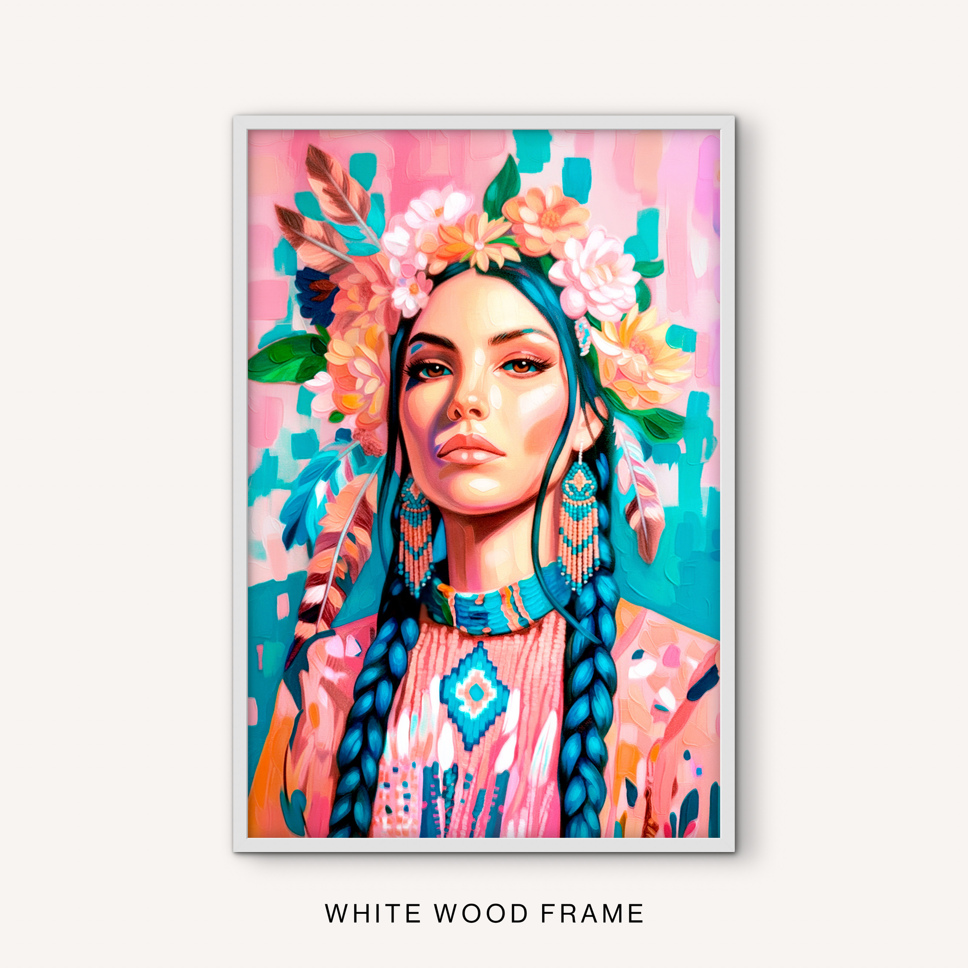 Boho western woman wall art in a white frame with turquoise braids, floral headdress, feathers, and bright pink southwest colors.