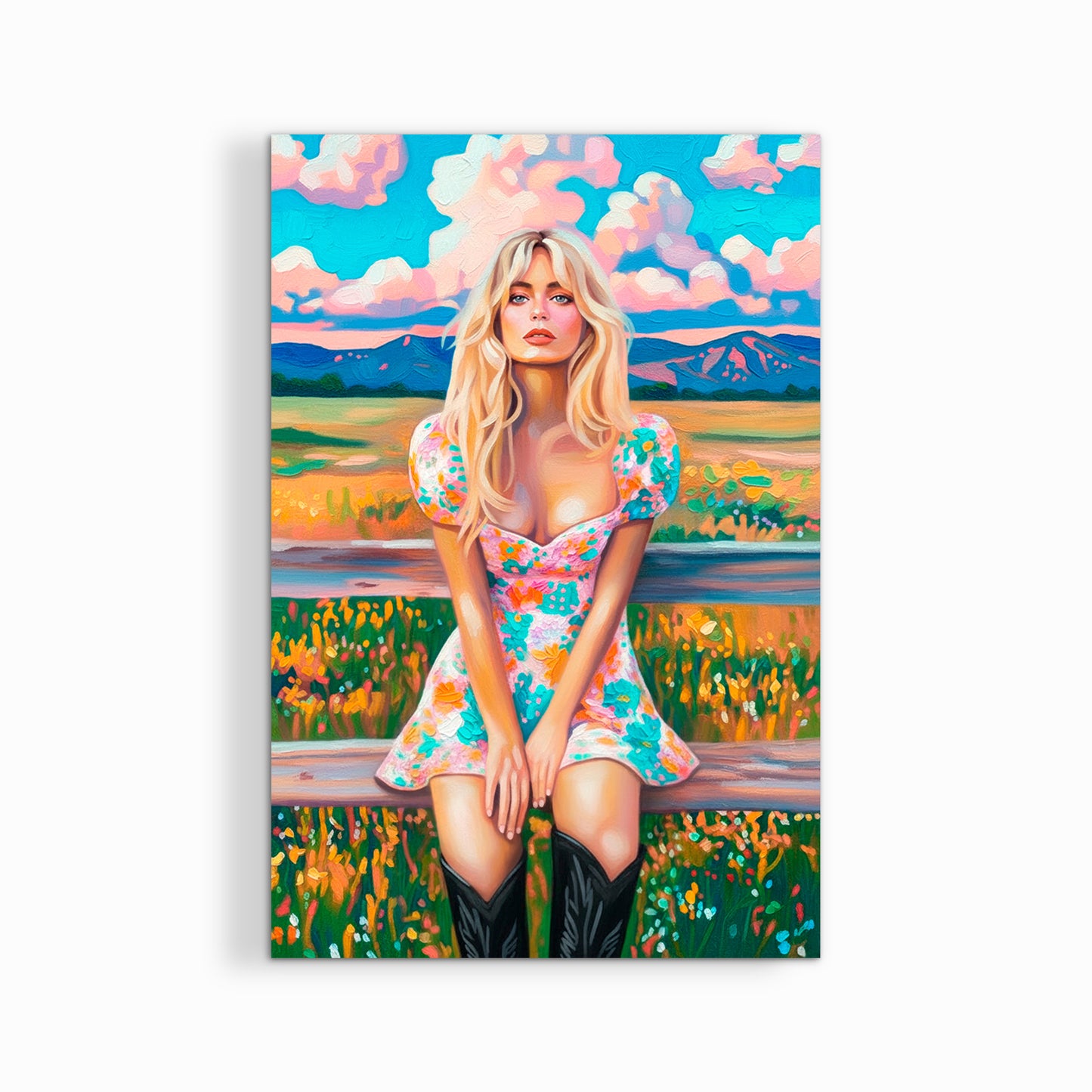 Colorful western cowgirl canvas print isolated on white background highlighting vibrant landscape and feminine western style.