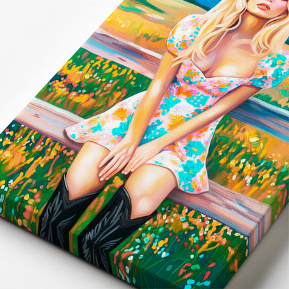Close-up detail of colorful cowgirl canvas artwork showing expressive brushstrokes and vibrant western landscape colors.