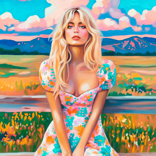 Colorful cowgirl wall art featuring a blonde cowgirl sitting in wildflowers beneath pink skies and turquoise mountains in a vibrant western landscape.