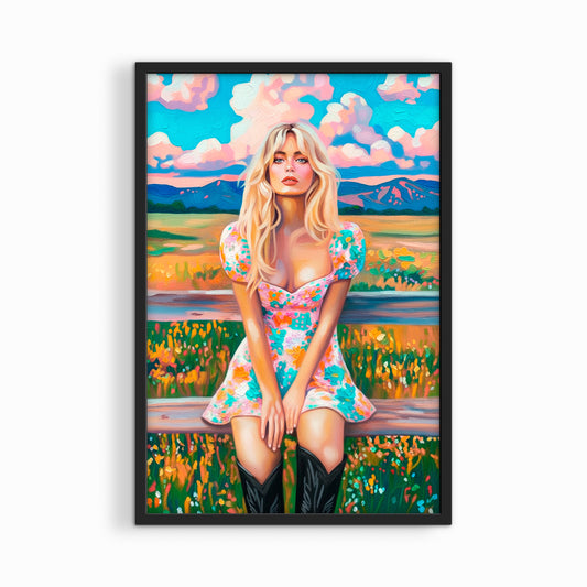Western cowgirl artwork framed in black wood frame displayed on white background emphasizing vibrant desert colors.
