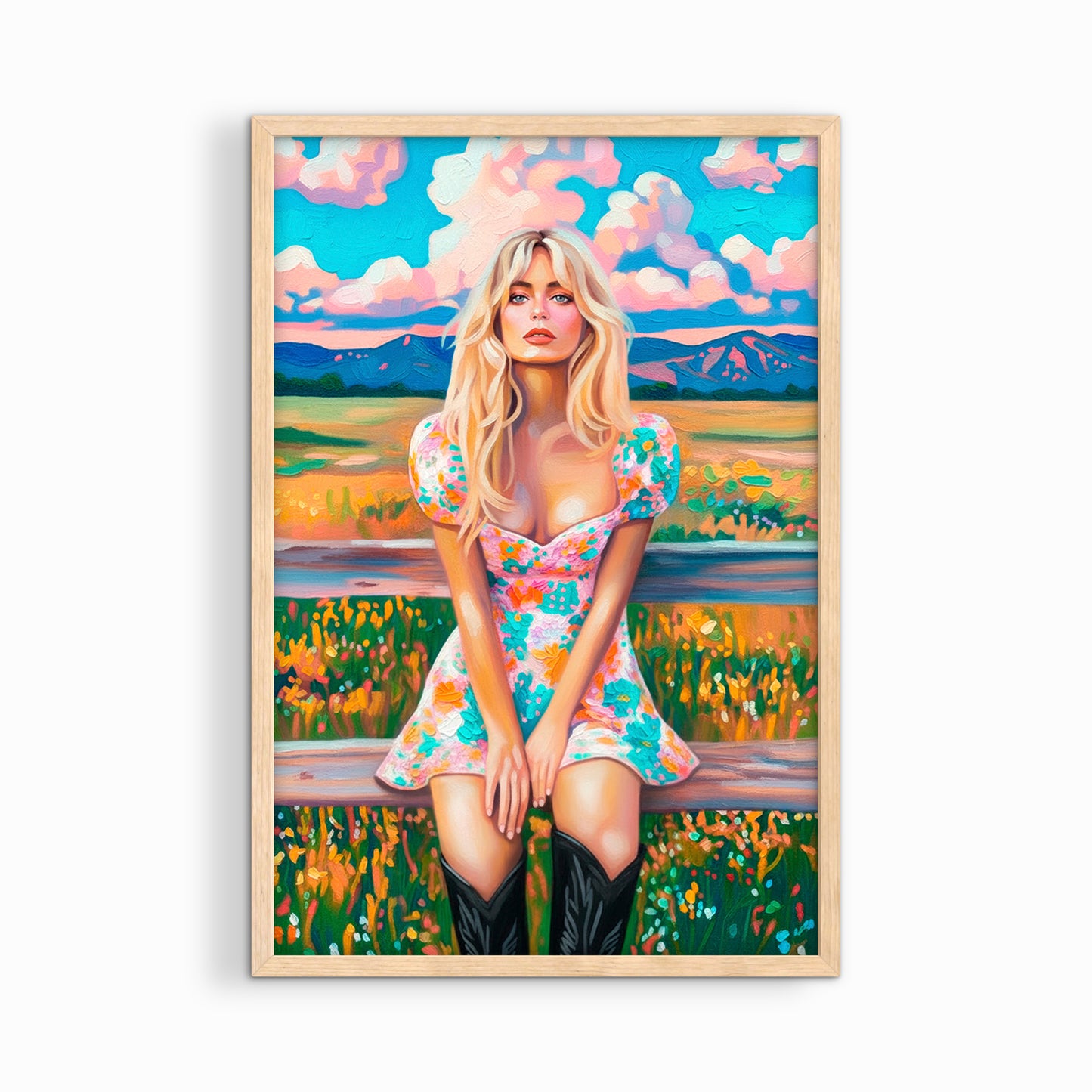 Cowgirl wall art framed in natural wood frame displayed on white background showing colorful western landscape artwork.