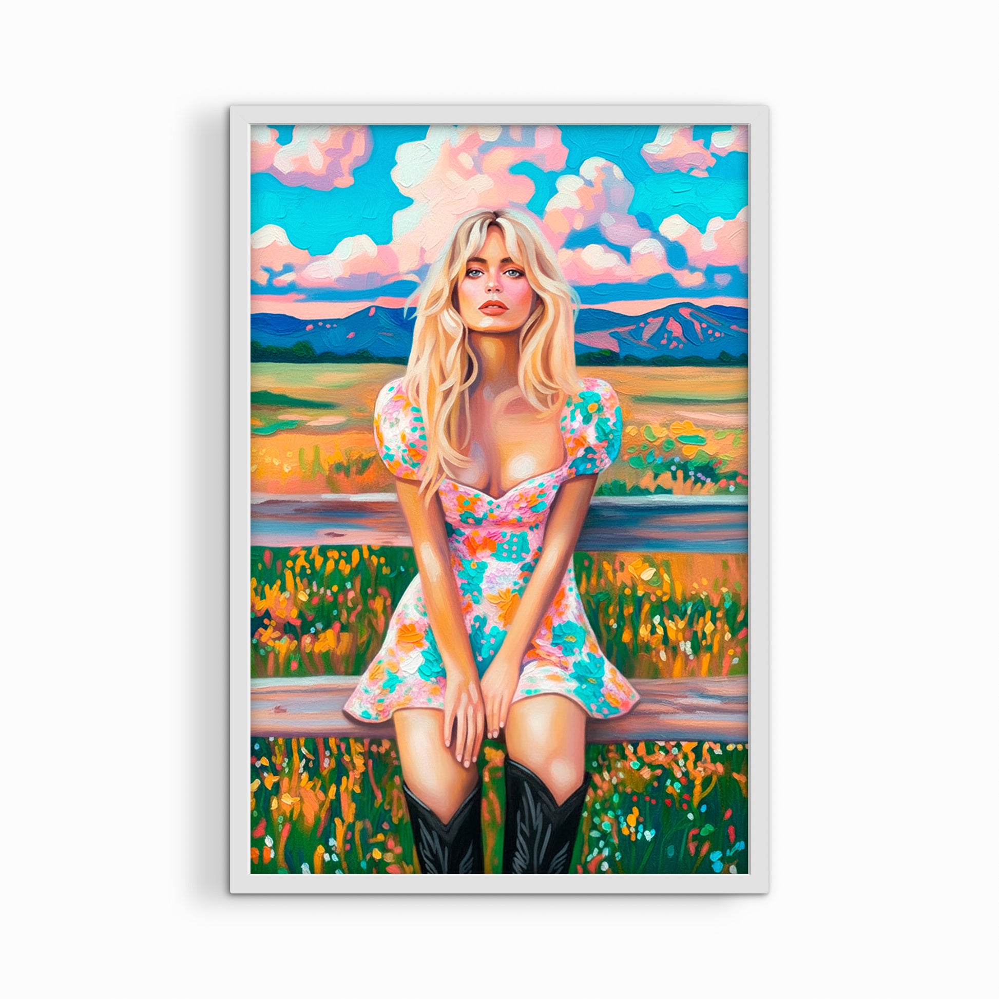 Colorful cowgirl western art print framed in white wood frame displayed on white background