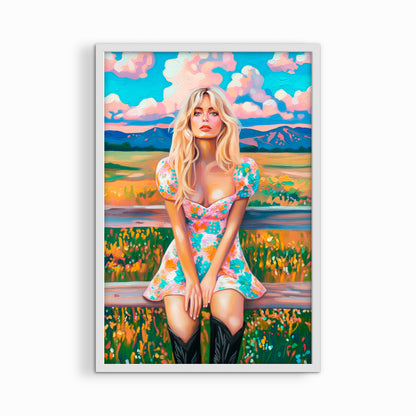 Colorful cowgirl western art print framed in white wood frame displayed on white background
