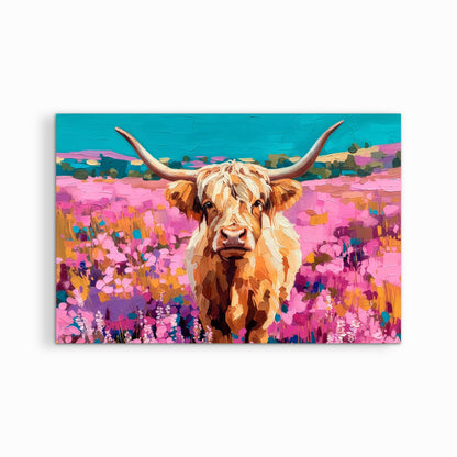 Highland cow floral artwork printed on canvas with clean white background, colorful western animal wall art