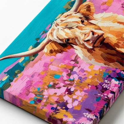 Close-up of textured brushstrokes in colorful highland cow painting with pink floral field and bold color palette
