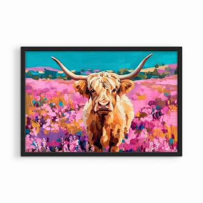 Bold highland cow artwork in black frame, colorful western animal wall art with modern rustic style