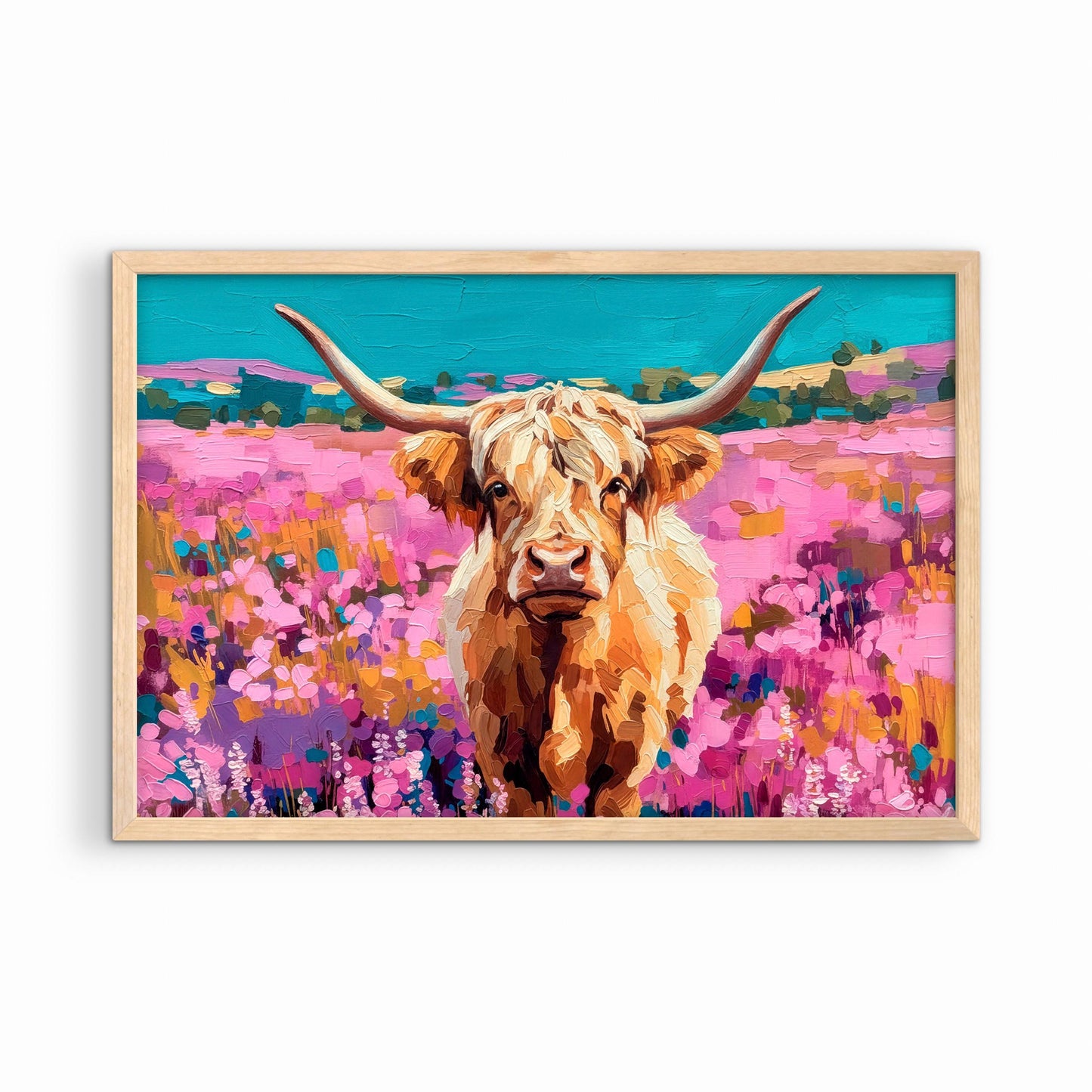 Colorful highland cow artwork in natural wood frame, floral western wall art for rustic home decor