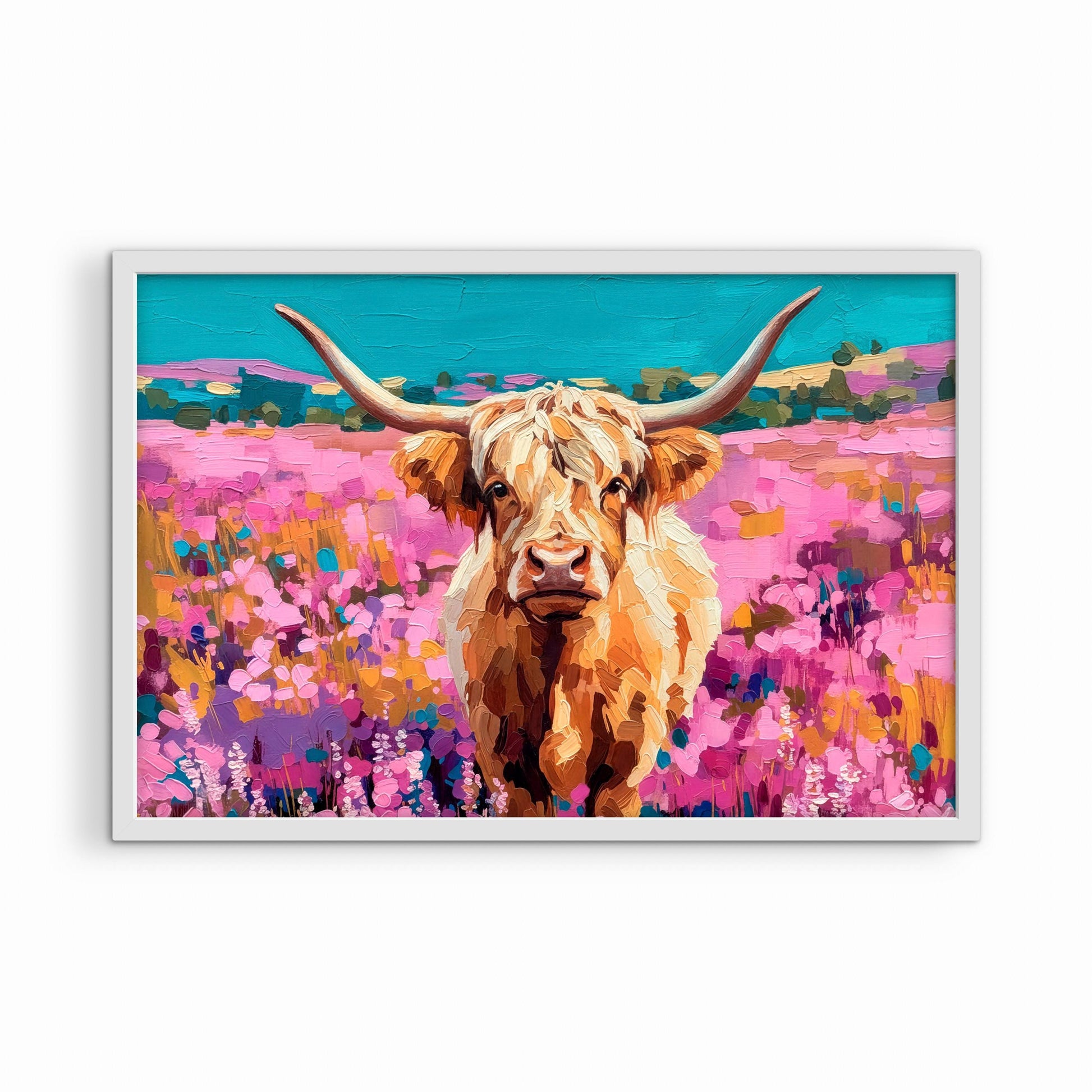 Highland cow painting in white frame, bright colorful floral wall art with soft pink tones