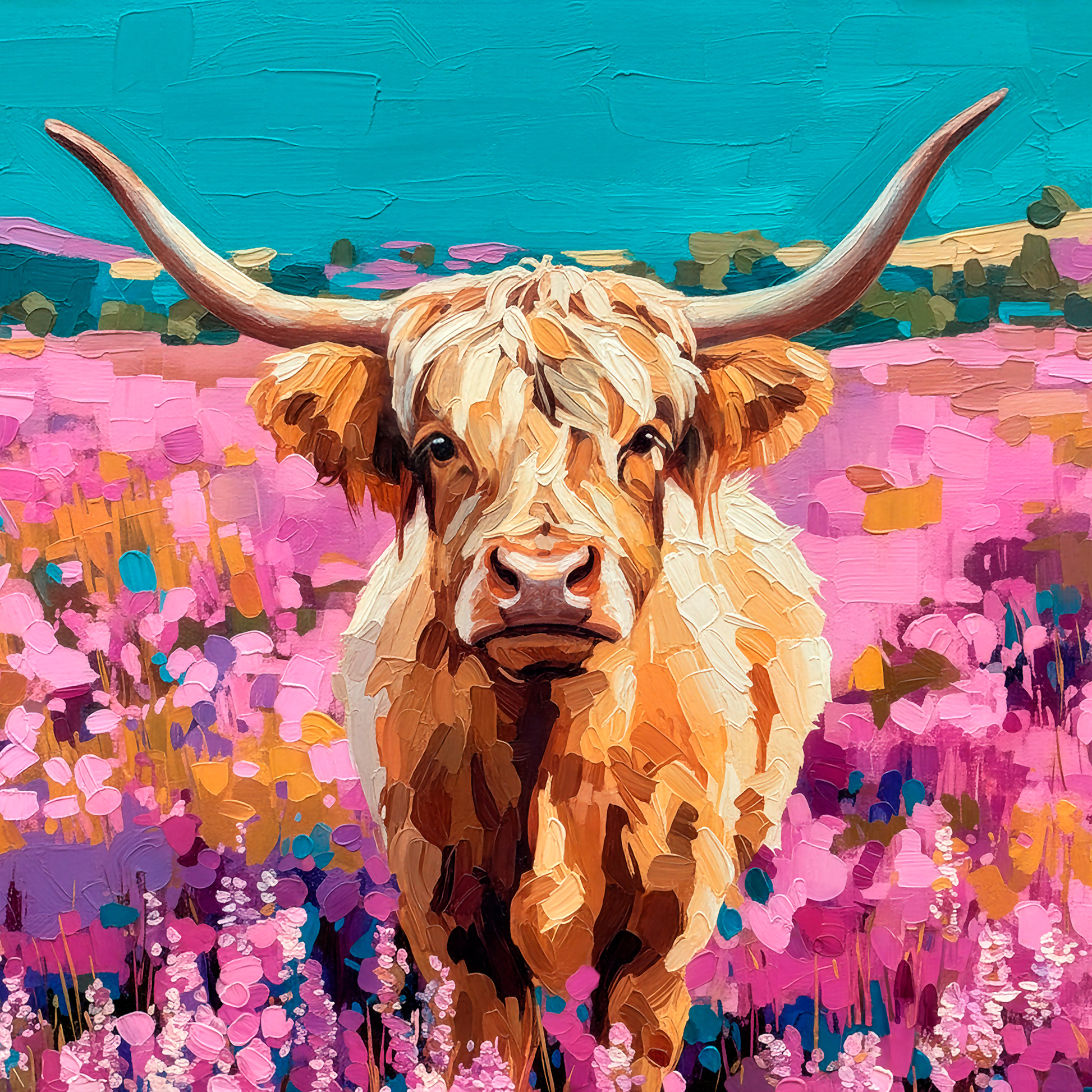 Colorful highland cow in a pink wildflower field with turquoise sky, vibrant western animal art for rustic home decor