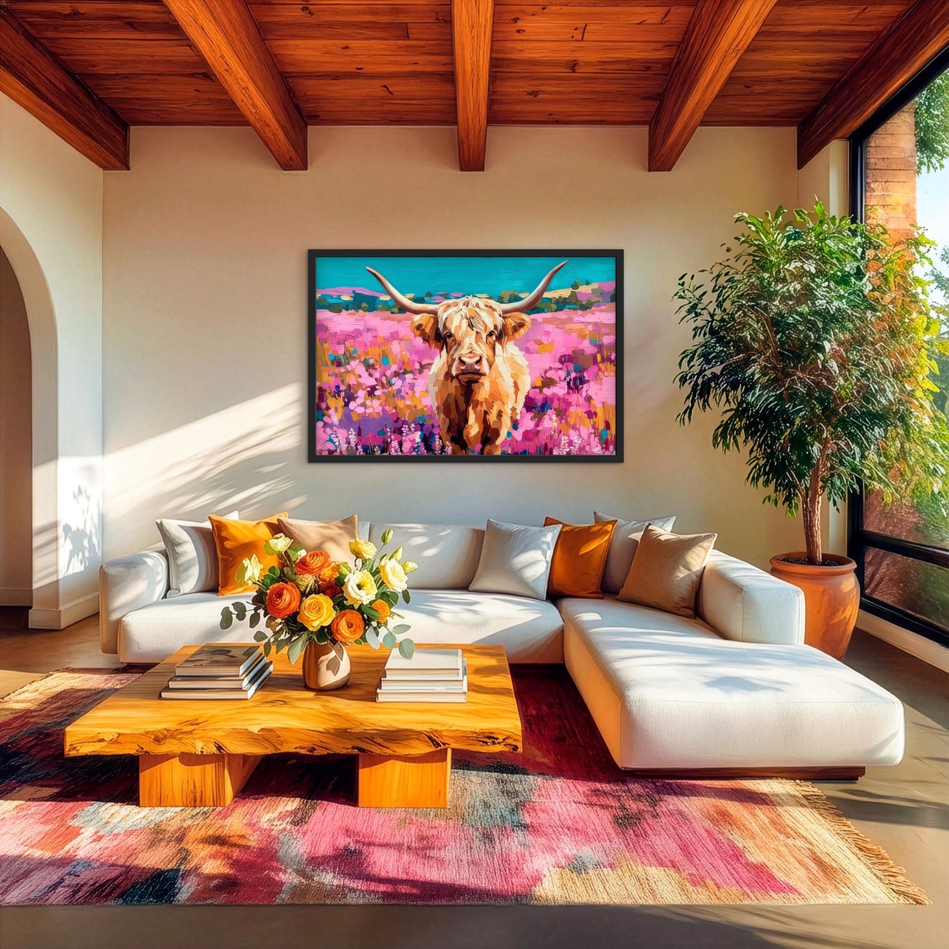 Colorful highland cow painting styled above a sofa, floral western wall art with pink and turquoise tones